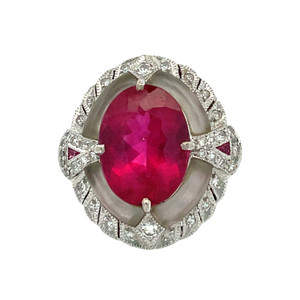 18K White Gold 3.50 Rubellite Oval with .35tw Diamond Accented Halo Ring Size 6.5