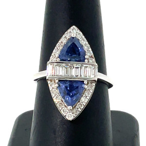 14K White Gold 2cttw. Double Sapphire Trillion-Cut with a 1cttw. Diamond Band and Halo Ring Size 8