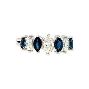 14K White Gold Alternating 4-Sapphire Marquise and 5/8tw 3-Diamond Marquise Ring Size 5.5