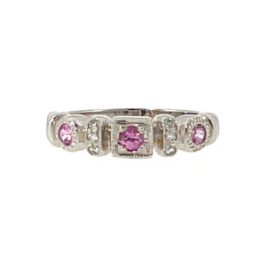 14K White Gold Alternating 3-Pink Sapphire Bezels with Bilateral Stacked Diamond Bezels Ring Size 7