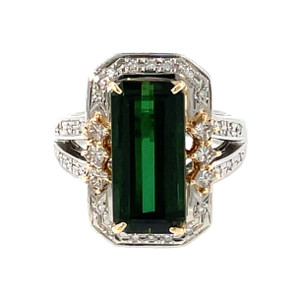 Platinum 900 6.61ct Green Tourmaline Rectangle in a 18K Gold Setting with .43ctw Diamond Bezel Halo Ring Size 6