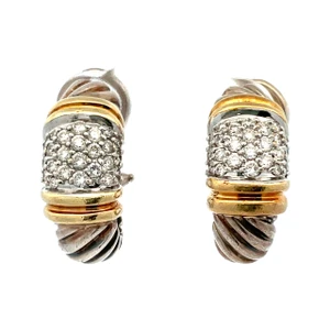 David Yurman Sterling Silver with 18K Gold Pave Diamond Shrimp Cable Earrings