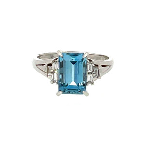 Platinum 900 2.42ct Aquamarine Rectangle with Bilateral .32ctw Diamond 3 Rectangles Ring Size 7.25