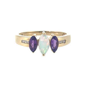 10K Gold Central Fire Opal Marquise with Bilateral Amethyst Marquise and .06tw Diamond Bezel Accents Ring Size 7.25