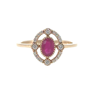 14K Gold .58tw Ruby Oval with .15tw Diamond 4-Bezels and Halo Ring Size 6.75