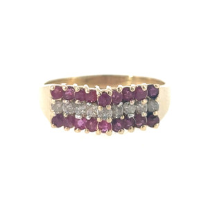 14K Gold Three Rows 2-Ruby and Diamond Cathedral-Shaped Ring Size 10
