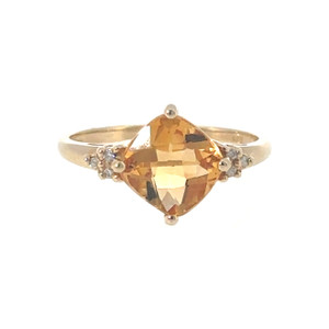 14K Gold Golden Citrine Square with Bilateral .02tw Diamond Bezels Ring Size 7
