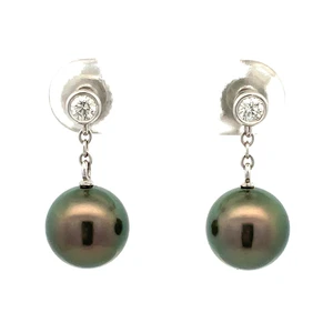 Mikimoto 18K White Gold AP 8.9mm Black Pearl Diamond Dangle Drop Earrings