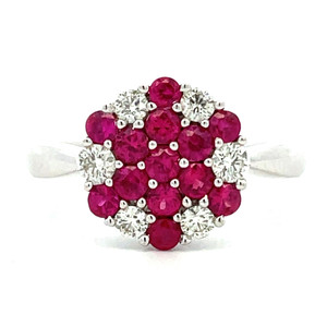18K White Gold AP 1.05cttw Round Rubies and AP 0.6cttw Round Diamonds Cluster Ring Size 7.5