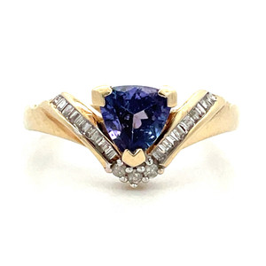 10K Yellow Gold Trillion Cut Tanzanite with Round and Baguette Diamond Accents Ring Size 6