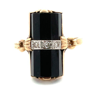 10K Yellow Gold Vintage Faceted Onyx with Round Diamond Center Stones Ring Size 5.5