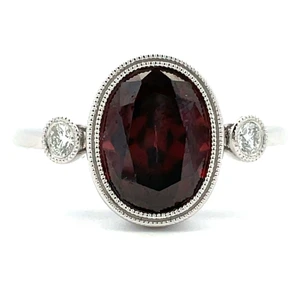14K White Gold AP 3.17ct Oval Cut Red Zircon with AP 0.06cttw Diamond Accents Ring Size 6.25