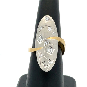 Vintage Platinum 900 and 18K Gold .58ctw Multi-Shaped Geometric Patterned Diamond in a Shield-Shaped Face Wavy Band Ring Size 5.75