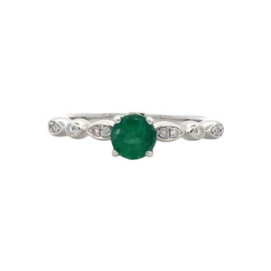 14K White Gold with Central .40tw Emerald Bezel and .06tw Diamond Bezels in Alternating Circle and Marquise Accents Ring Size 6.75