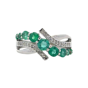 10K White Gold 1.04tw Emerald Cascading Multi-Size Bezels with .12tw Diamond Bezels Accents Wrap Ring Size 6.5