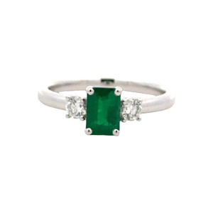 14K White Gold 0.79ct Emerald Rectangle Emerald-Cut Center Stone with .26tw Diamond Bilateral Bezel Ring Size 6.5