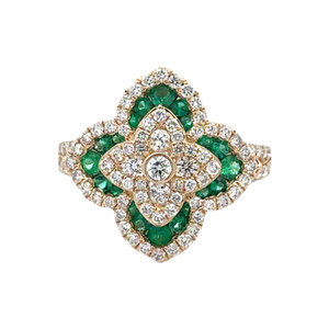 14K Gold 0.41tw Emerald Accented Petals with 1.00tw Diamond Clover Flower Ring Size 6.25