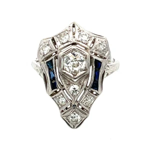 Vintage Platinum and 14K White Gold AP 0.60cttw Diamonds with Sapphires Art Deco Filigree Shield Ring Size 6