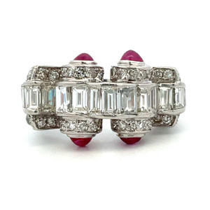Vintage Platinum Baguette and Round Diamonds with Cabochon Ruby Side Accents Ring Size 8