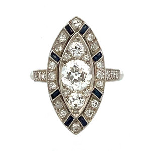 Vintage Platinum 0.45ct Center Stone 1.0cttw Diamonds with Sapphire Accents Art Deco Shield Ring Size 5