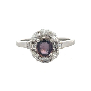 Platinum 900 .72tw Purple Sapphire Oval with .43tw Diamond Halo Ring Size 5.75