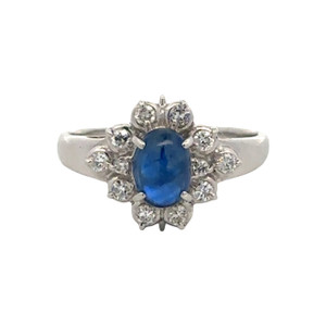 Platinum 900 1.20tw Created Sapphire Cabochon with .26tw Diamond Bezel Flower Petal Halo Ring Size 6.5