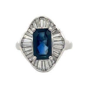 Certified Platinum 900 Ballerina Styled 3.34ct Sapphire Rectangle Surrounded with a 1.26tw Diamond Fan of Tapered Baguettes Halo Ring Size 5.5