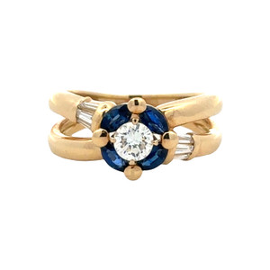 18K Gold .46tw Sapphire Floral Halo with a .49tw Diamond Bezel Center  and Accents Bypass Ring Size 6.25
