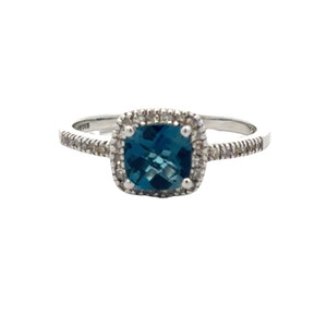 14K White Gold Blue Topaz Square with 1/8tw Diamond Bezel Halo and Accents Ring Size 7