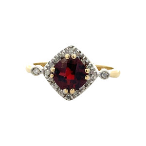 10K Gold 1.40tw Garnet Cushion-Cut with .10tw Diamond Bezel Halo and Bilateral Bezel Accents Ring Size 7.25