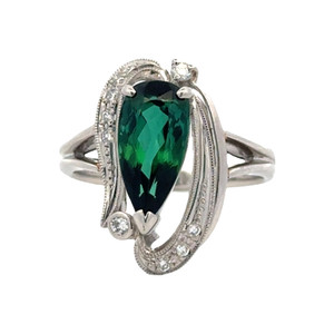 Platinum 2.99ct Tourmaline Teardrop with .13tw Diamond Border Split-Shank Design Ring Size 8
