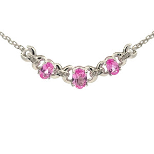 10K White Gold Alternating Pink Sapphire Ovals with Diamond Bezel Accents XOXO-Patterned Stationary Pendant Chain Necklace 17.5"