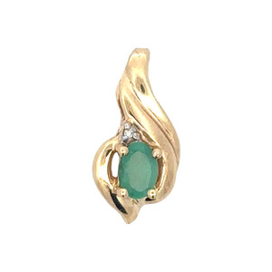 10K Gold Emerald Cabochon with a Diamond Bezel Accent in a Teardrop Setting Pendant