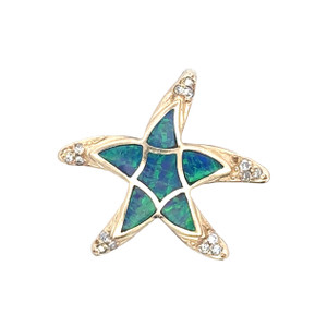 14K Gold Blue Opal Inlay with Diamond Bezel Accents Hawaiian Sea Star Starfish Slider Pendant