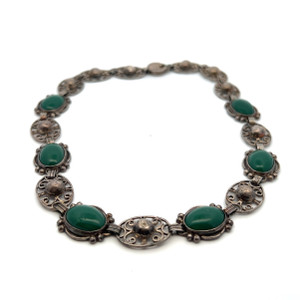 Sterling Silver Malachite Oval Beaded Vintage Mexican Necklace