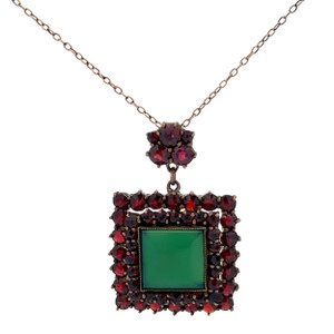 Sterling Silver Garnet And Jade Antique Style Square Pendent