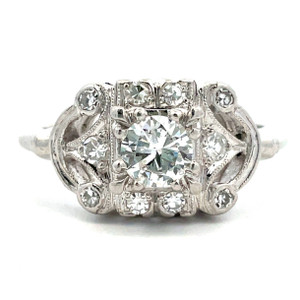 Vintage Platinum AP 0.40ct Center Stone Round Diamond Art Deco Filigree Engagement Ring Size 7