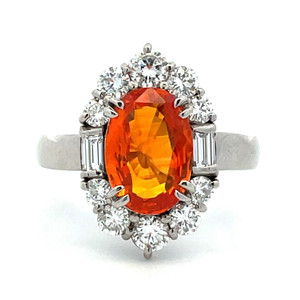 Vintage Platinum Oval Cut APP 2.114ct Oval Orange Sapphire with AP 0.90cttw Diamond Halo Ring Size 6