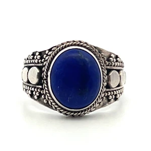 Sterling Silver Lapis Lazuli Ornate Balinese Style Fashion Ring Size 7.75