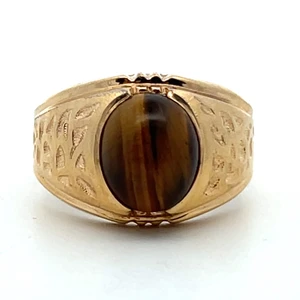 10K Gold Filled Tigers Eye Carved Design Statement Ring Size 11