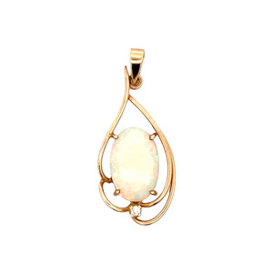 14K Gold Opal Oval with a Diamond Bezel Accent In a Pear-Shaped Setting Dangle Pendant