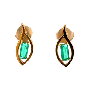 18K Gold Emerald Rectangle in a Marquise Wrap Setting Post Earrings