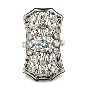 Antique Platinum .90ct European Cut Center Diamond 1.5cttw Onyx Border Shield Estate Ring Size 7