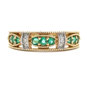 10K Two Tone Yellow and White Gold AP 0.51cttw Round Emeralds with AP 0.03cttw Round Diamonds Band Ring Size 6.75