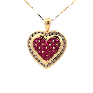 Italian 14K Gold Clustered Princess-Cut Ruby Heart with a Diamond Bezel Halo in a Filigree Box Setting Pendant Necklace Chain 18"
