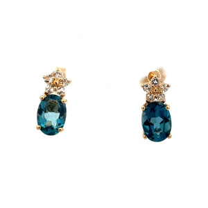 10K Gold London Blue Topaz Oval with 5-Diamond Petal Flower on Top Stud Earrings