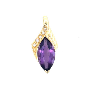 14K Gold Amethyst Marquise in a Top Wrap Setting with One Side Diamond Bezel Accents and One Side Twisted Gold Pendant
