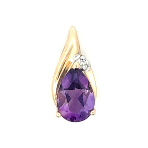 10K Gold and White Gold Amethyst Teardrop with a Single Diamond Bezel Accent In a Teardrop Setting Pendant