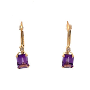 14K Gold Amethyst Rectangle with a Single Diamond Bezel Accent Lever-Back Earrings