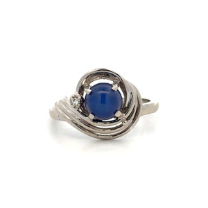 14K Gold Lindy Star Sapphire Cabochon Circle with a Diamond Accent in a Triple-Band Lower-Bypass Ring Size 5.75